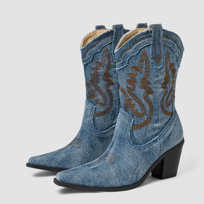 Madeline – Embroidered Denim Western Cowboy Boots