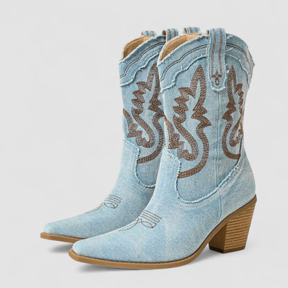 Madeline – Embroidered Denim Western Cowboy Boots