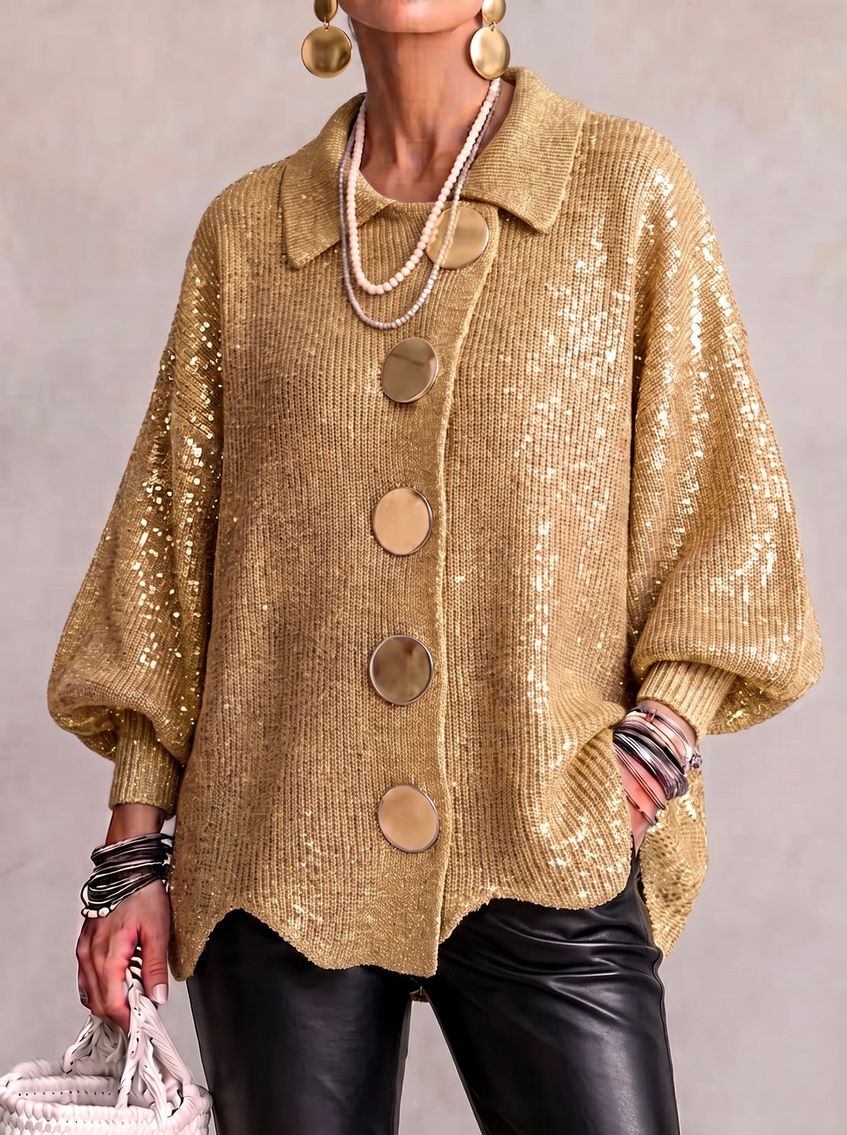 Jody – Oversized Collared Cardigan with Gold Buttons