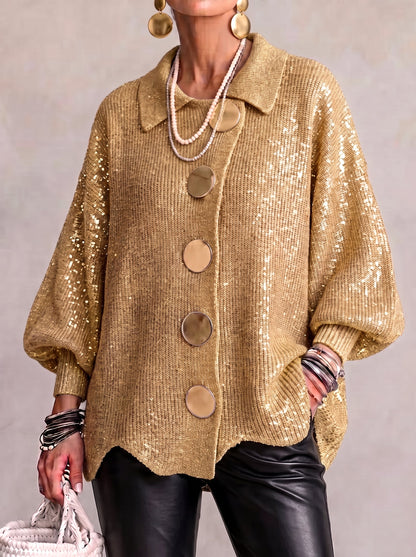 Jody – Oversized Collared Cardigan with Gold Buttons