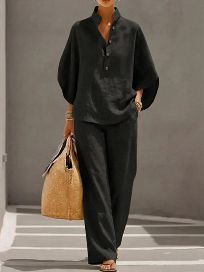 Dolores – Linen-Look Batwing Top and Wide Pants Set