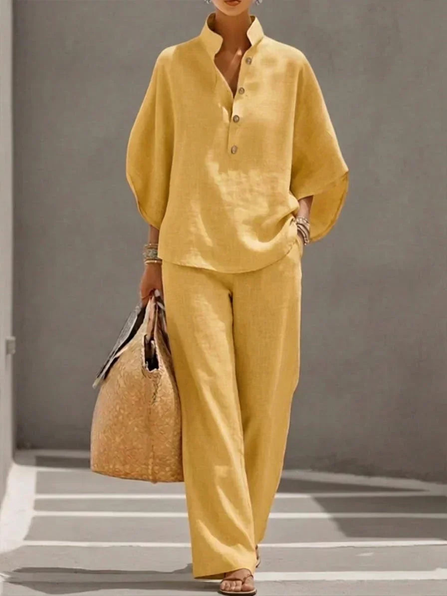 Dolores – Linen-Look Batwing Top and Wide Pants Set
