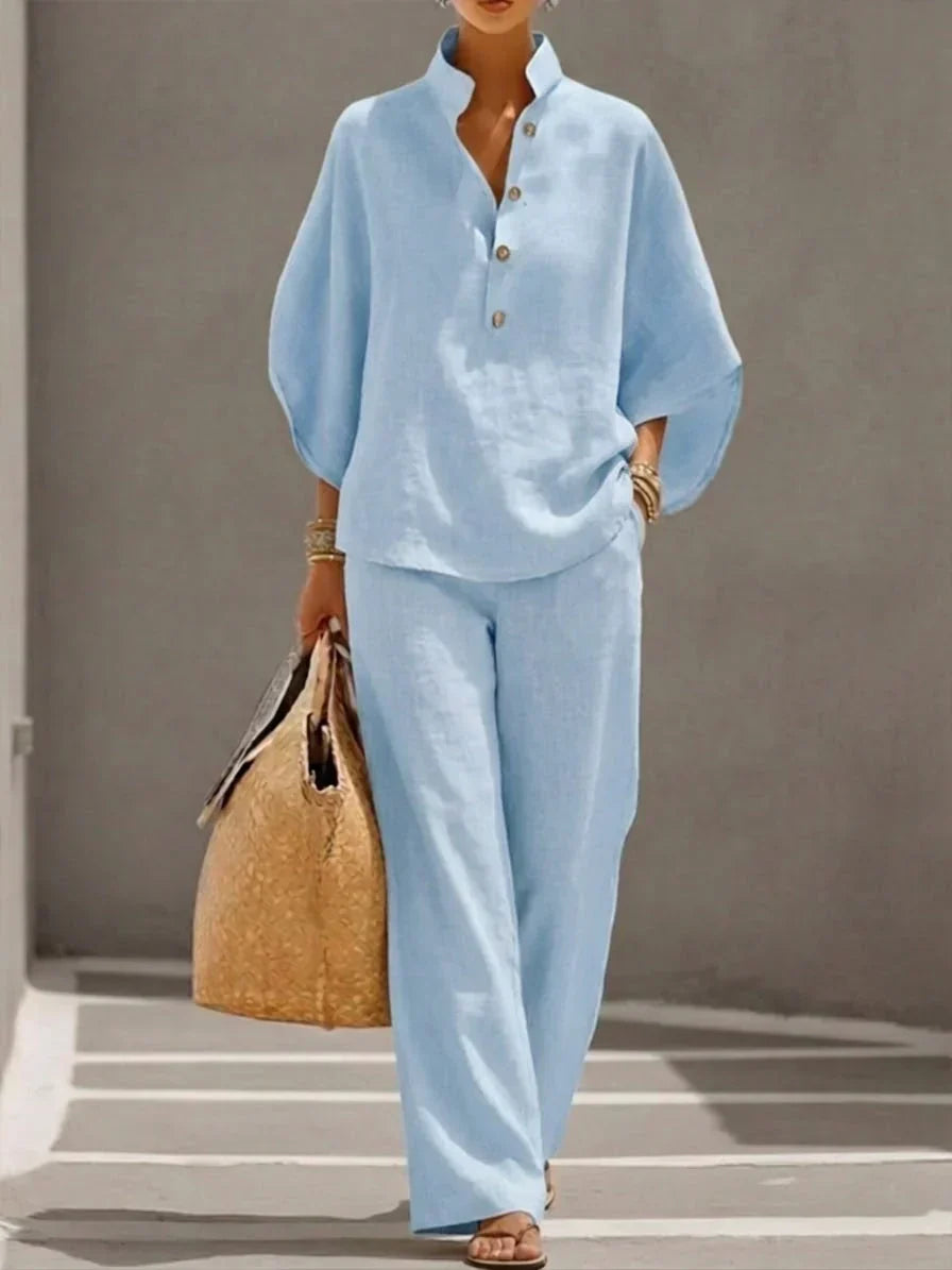 Dolores – Linen-Look Batwing Top and Wide Pants Set