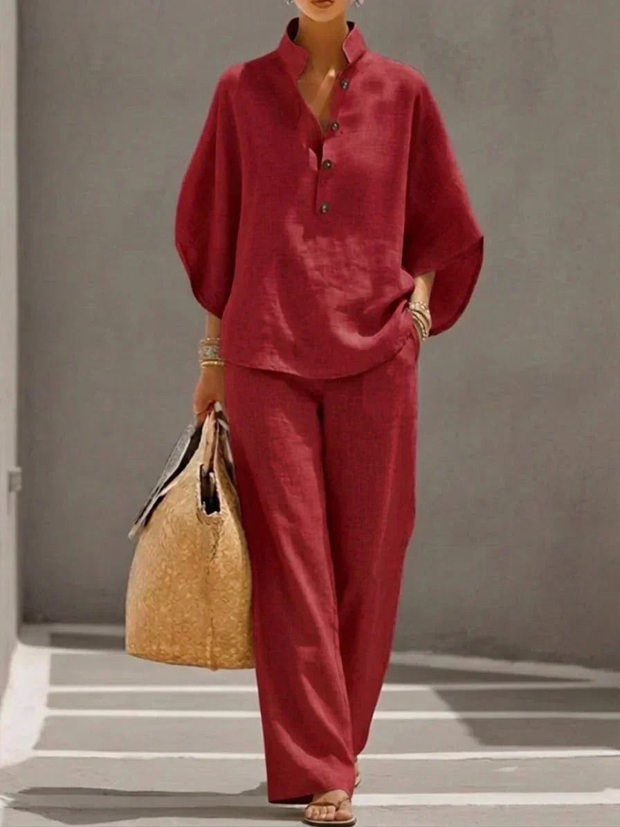 Dolores – Linen-Look Batwing Top and Wide Pants Set