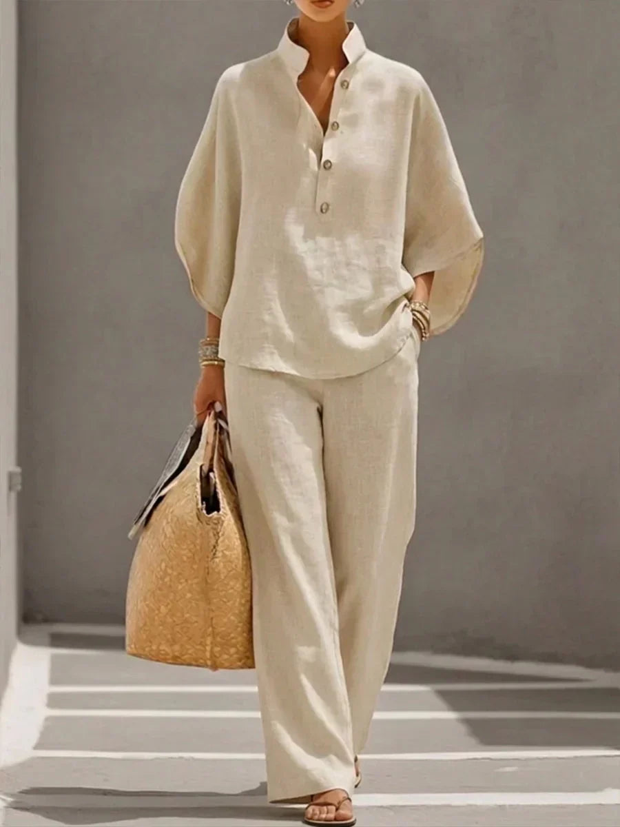 Dolores – Linen-Look Batwing Top and Wide Pants Set