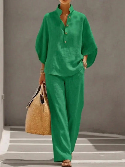 Dolores – Linen-Look Batwing Top and Wide Pants Set