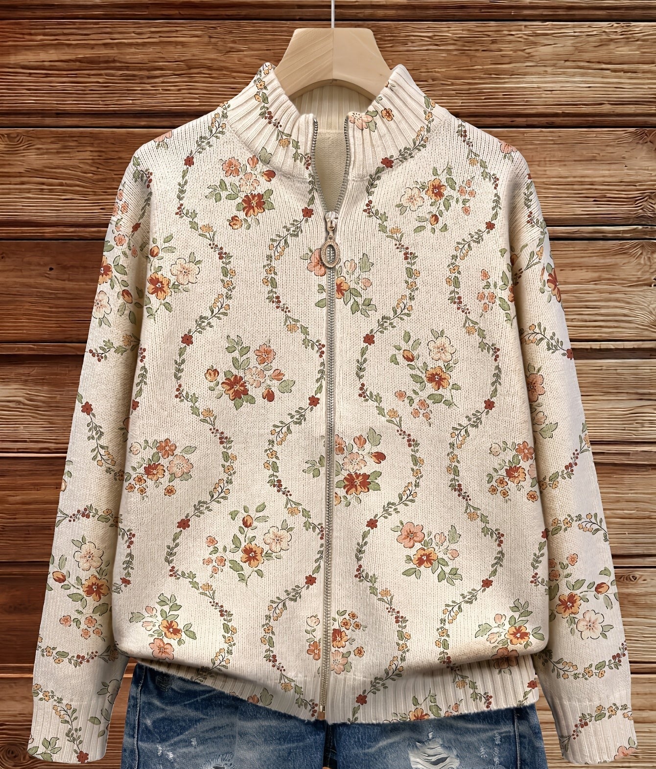 Ruby – Floral Vine Zip-Up Knit Jacket