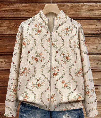 Ruby – Floral Vine Zip-Up Knit Jacket