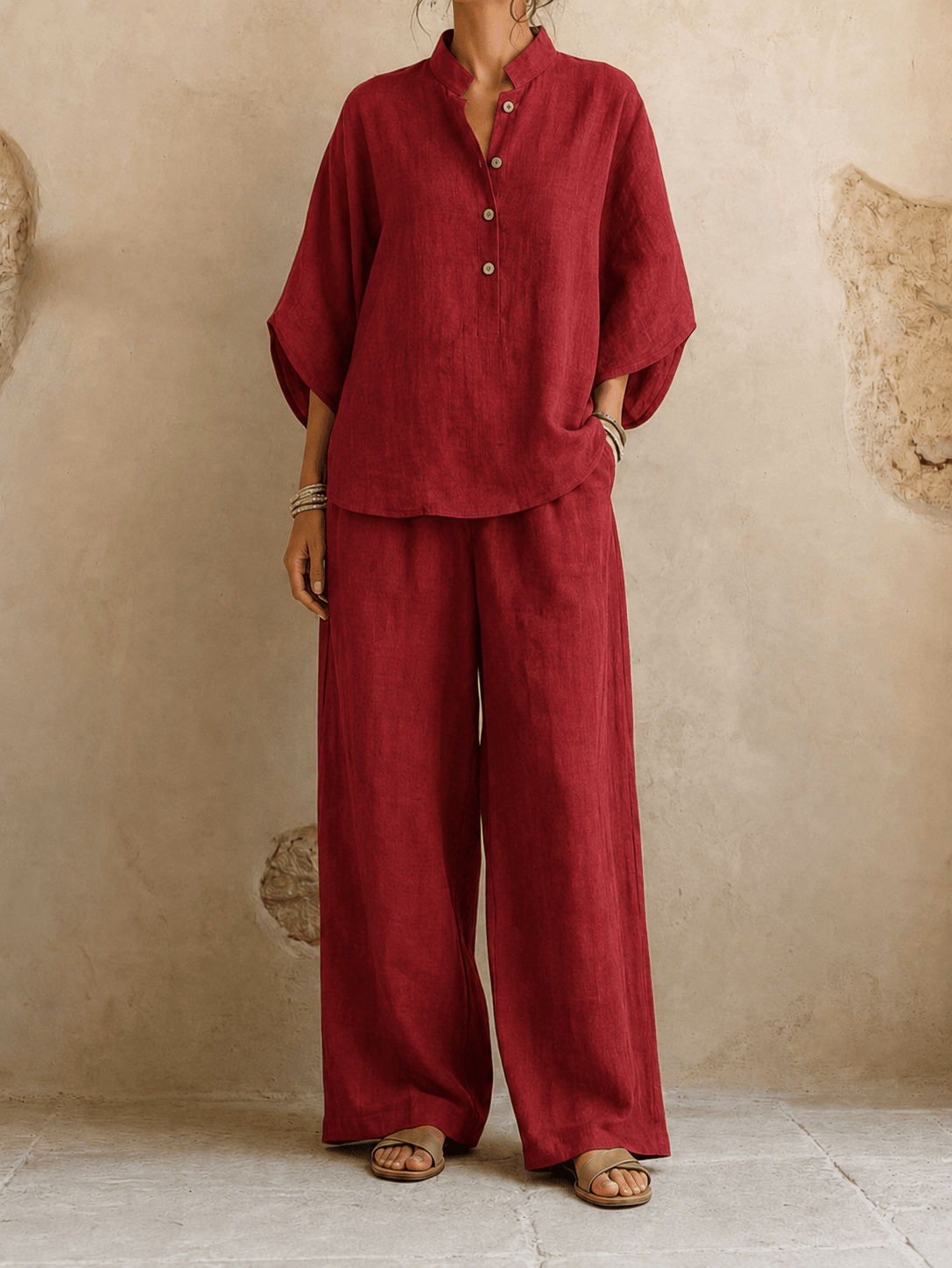Lynne – Linen-Look Batwing Top and Wide-Leg Pants Set