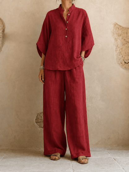 Lynne – Linen-Look Batwing Top and Wide-Leg Pants Set