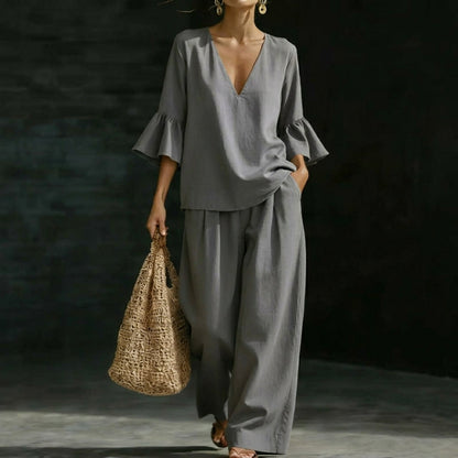 Jeanette – Ruffled Blouse and Wide-Leg Pants Set