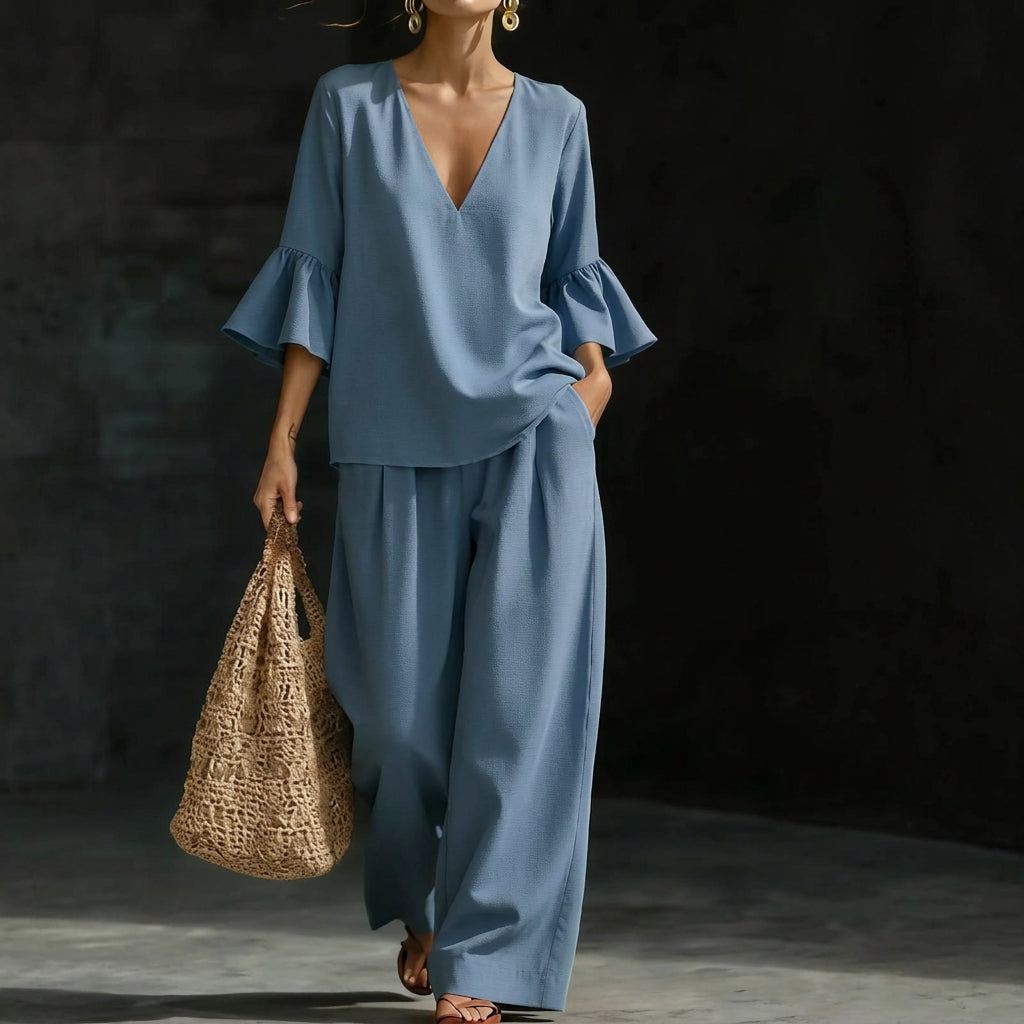 Jeanette – Ruffled Blouse and Wide-Leg Pants Set