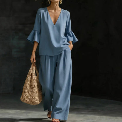 Jeanette – Ruffled Blouse and Wide-Leg Pants Set