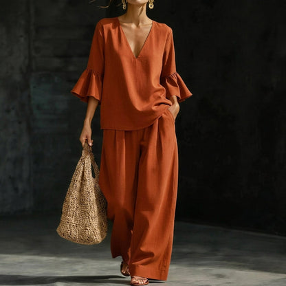 Jeanette – Ruffled Blouse and Wide-Leg Pants Set