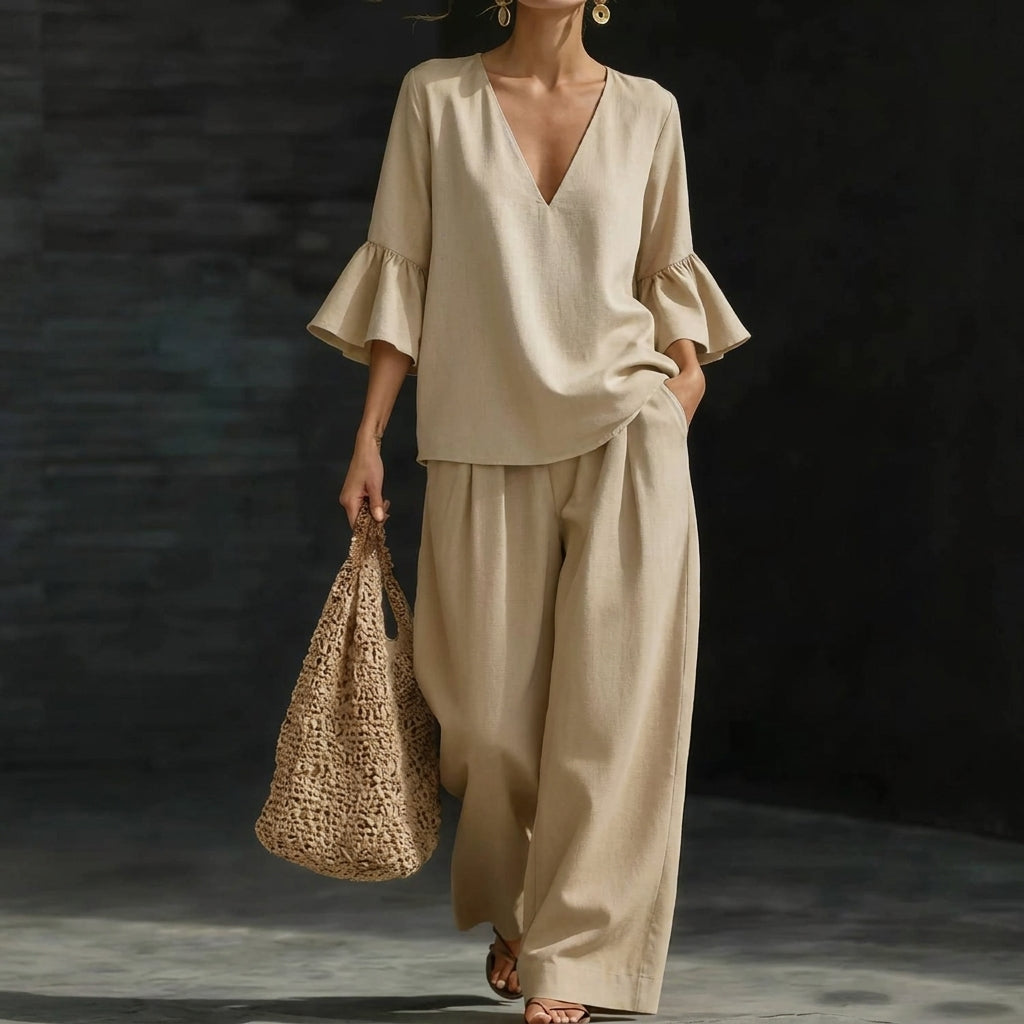 Jeanette – Ruffled Blouse and Wide-Leg Pants Set