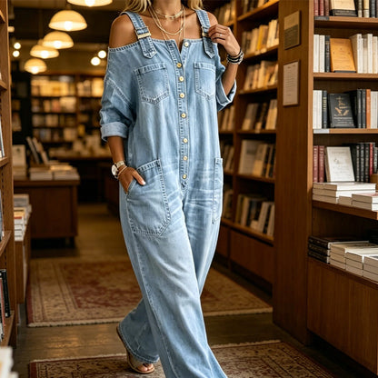 Zelma – Cold-Shoulder Denim-Look Jumpsuit