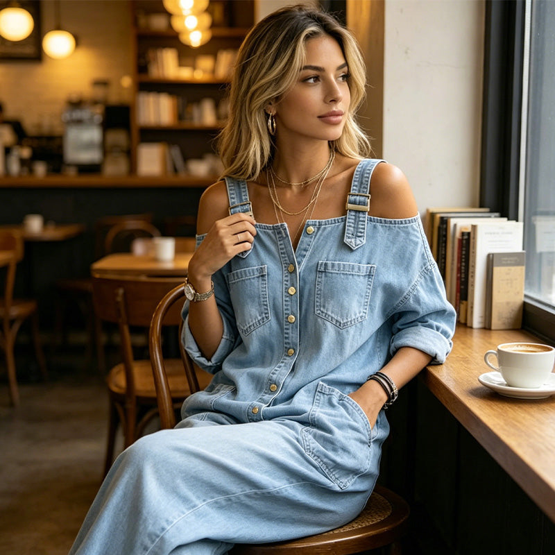 Zelma – Cold-Shoulder Denim-Look Jumpsuit