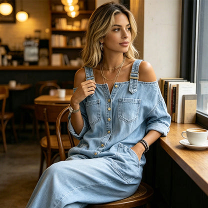 Zelma – Cold-Shoulder Denim-Look Jumpsuit
