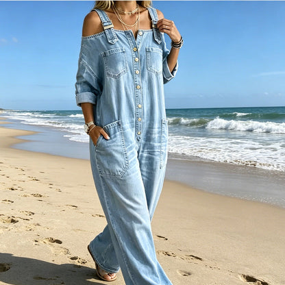 Zelma – Cold-Shoulder Denim-Look Jumpsuit