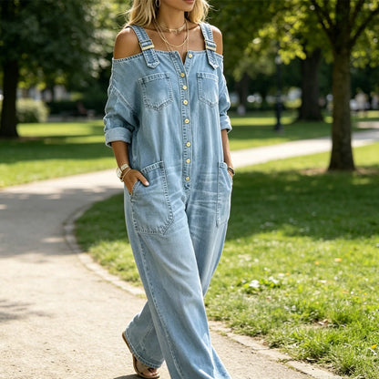 Zelma – Cold-Shoulder Denim-Look Jumpsuit