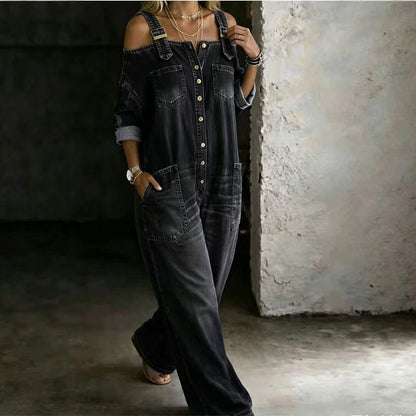 Zelma – Cold-Shoulder Denim-Look Jumpsuit