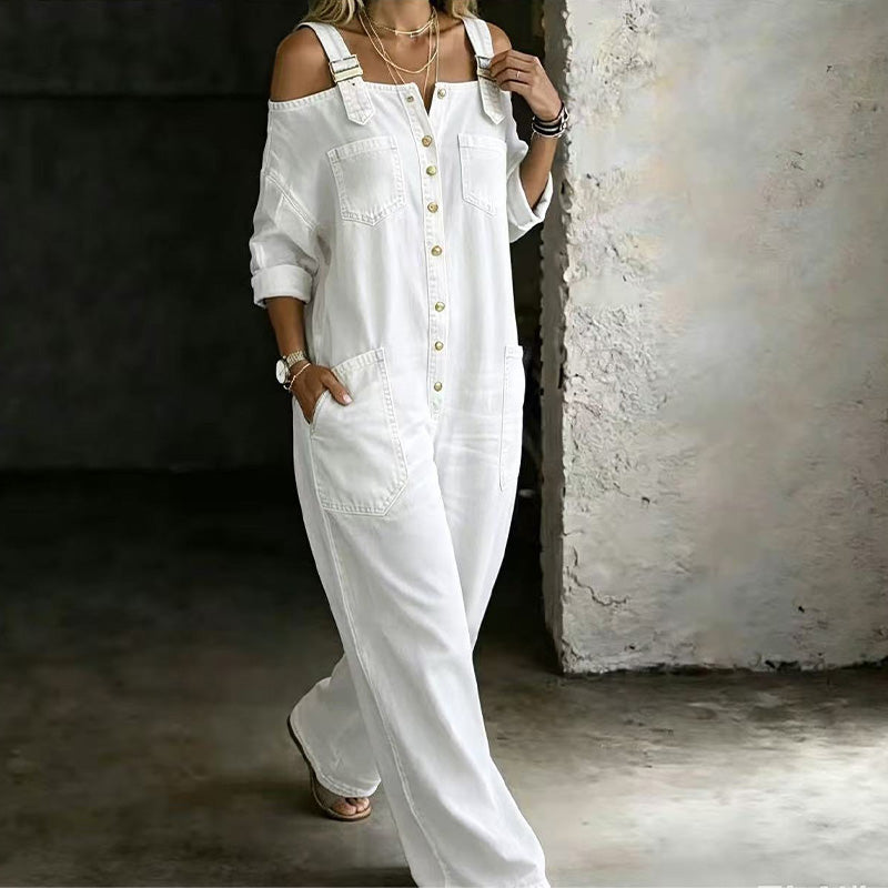 Zelma – Cold-Shoulder Denim-Look Jumpsuit