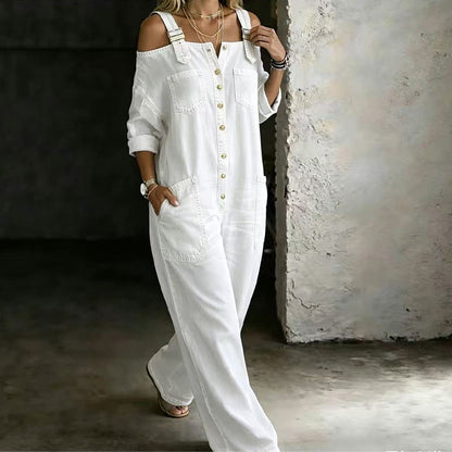 Zelma – Cold-Shoulder Denim-Look Jumpsuit