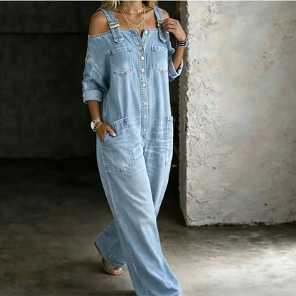 Zelma – Cold-Shoulder Denim-Look Jumpsuit