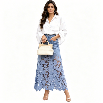 Kay – Denim and Lace Midi Skirt
