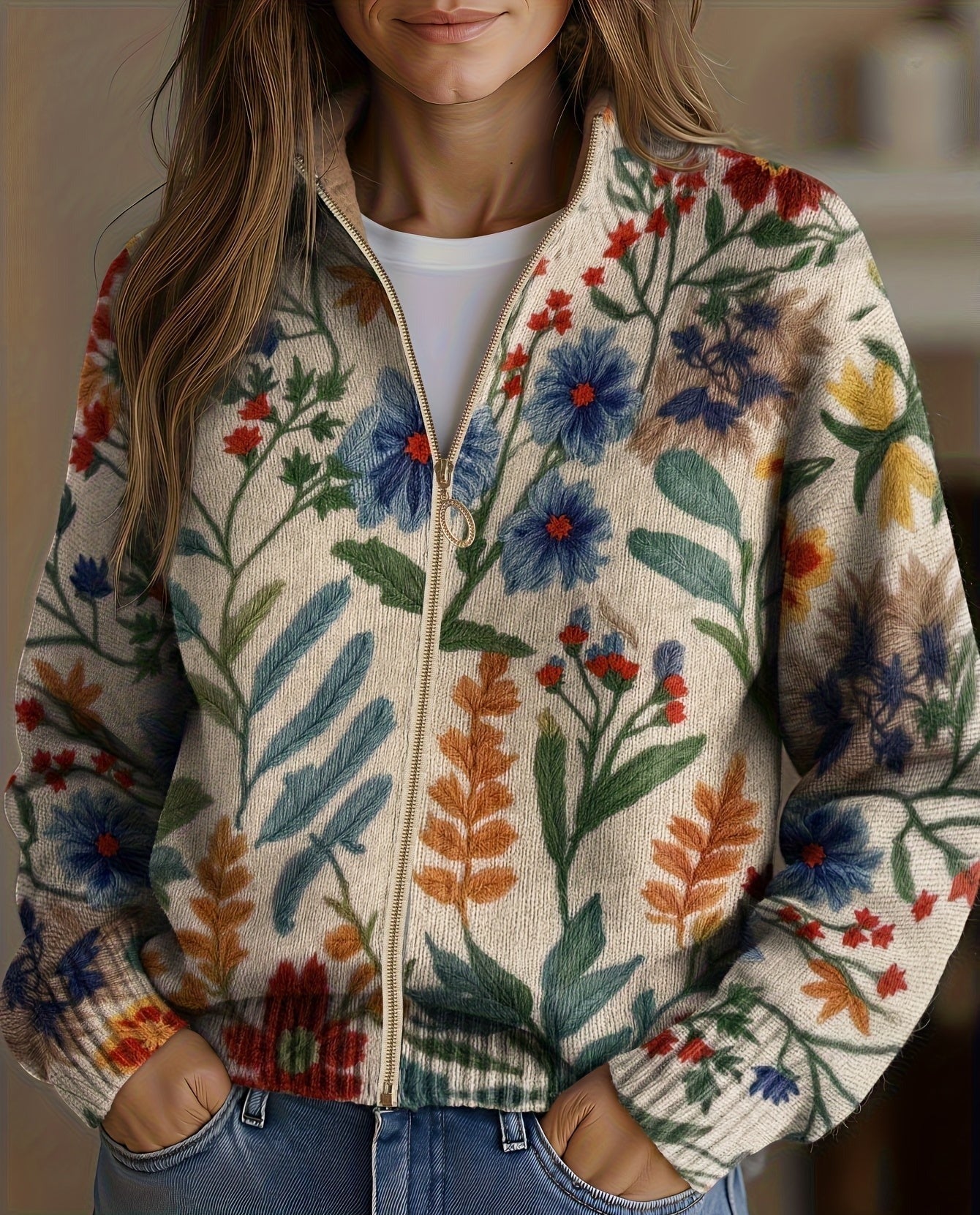 Kelly – Botanical Floral Zip Cardigan