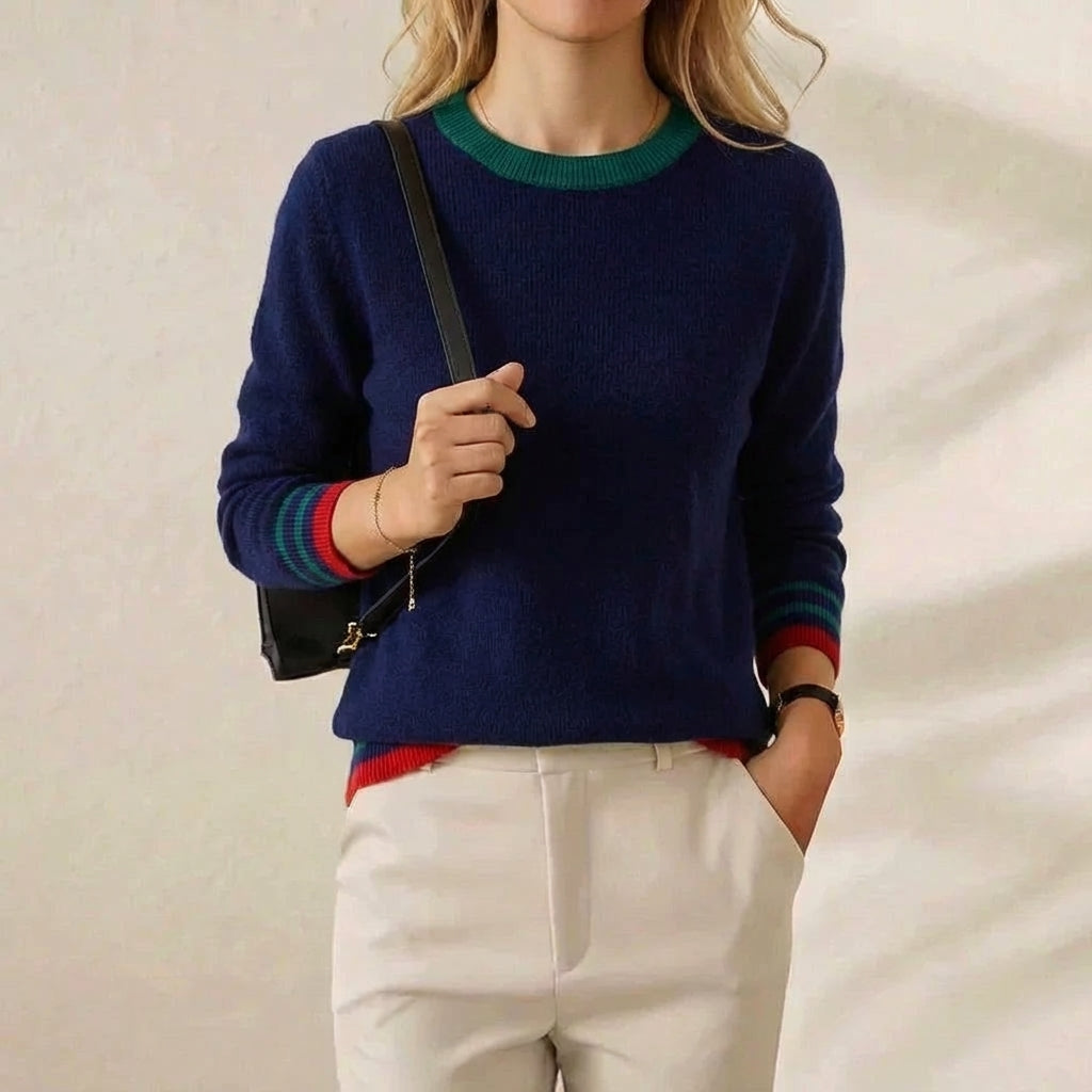 Annette – Crew Neck Jumper with Striped Trims