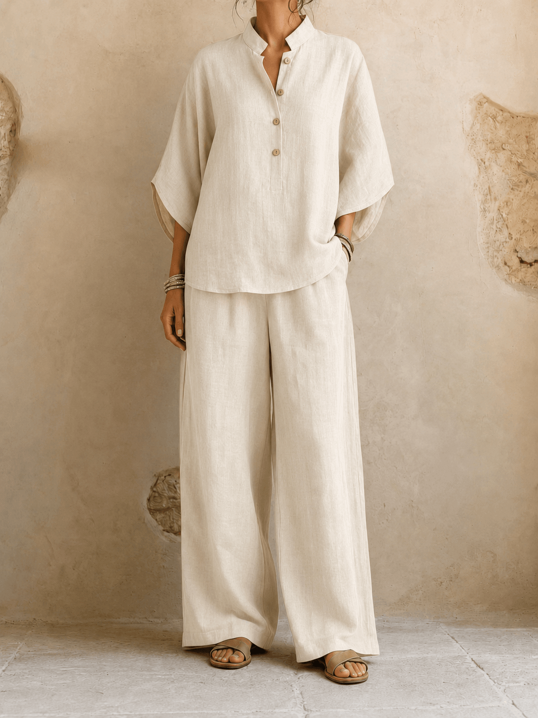 Lynne – Linen-Look Batwing Top and Wide-Leg Pants Set