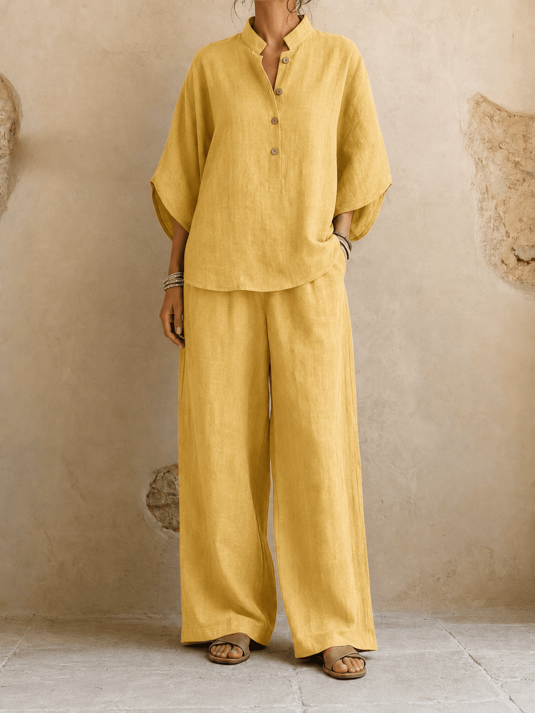 Lynne – Linen-Look Batwing Top and Wide-Leg Pants Set