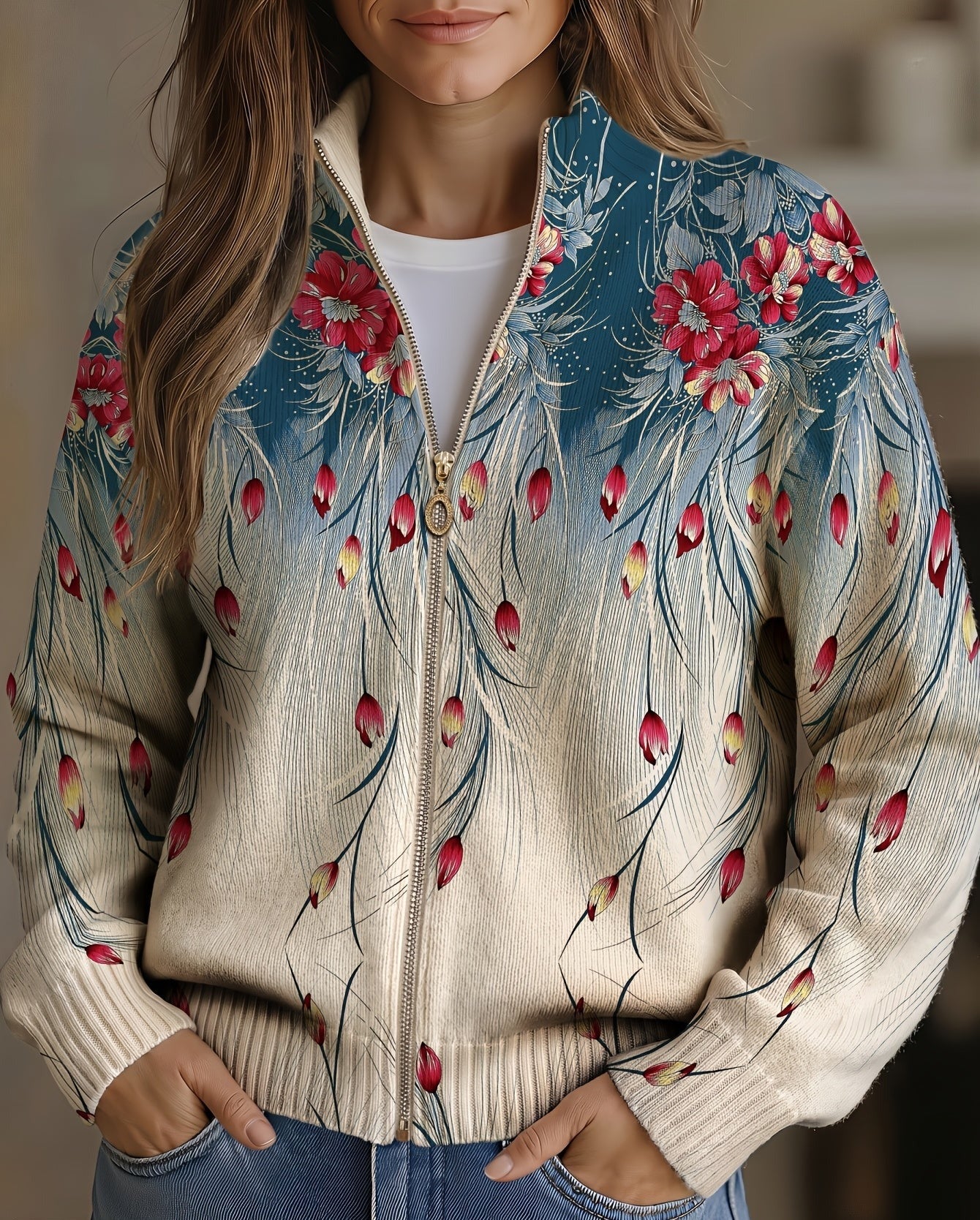 Frances – Floral Print Full-Zip Knit Jacket